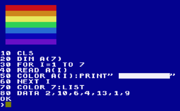 a BASIC program on a KC 85/3 displaying rainbow colors