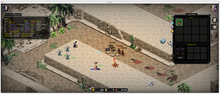 🕶️ A bird's-eye view of part of the playing field at the 19th enemy wave, showing a few towers in the path of the ogres that are about to decimate this wave. On the right is the "Select Builder" button (in the shape of a tower) and the inventory of recovered items and potions (in the shape of a bag) - the latter is selected. To the left of the UI are 2 statistics tabs for the current game, and at the bottom the gold available (the other 2 indicators I don't know).

📚️ YouTD 2 is a libre, multi-platform single player/multiplayer (coming soon) tower defense game inspired by an eponymous WarCraft 3 map. The aim of the project is to retain the parameters and functionalities of the original in a stand-alone game, and to implement its 227 towers (676 per upgrade) of different rarity (common, uncommon, rare, unique), based on 7 elements (Ice, Nature, Fire, Astral, Darkness, Iron, Storm) with unique characteristics and weaknesses. Players start by setting their objective (80 to 240 waves to overcome), difficulty (5 levels), and game mode (3 modes), and at the end of each wave perceive and improve their towers (via potions and items) in a wise manner to build their defense against waves of creatures testing their weak points. These waves are defined by 0 to 2 modifiers (from a total of 40) and the type of creatures that make them up (normal, champion, flying, mass, boss, each equipped with 5 types of armor). A game of the highest quality!