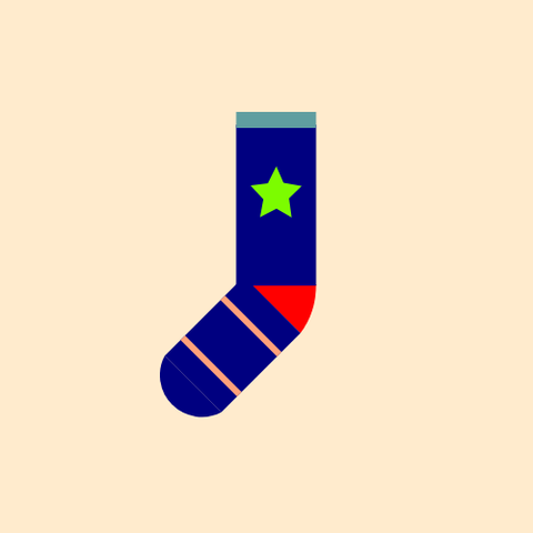 One sock: It is a Navy sock with a Red heel, a Navy toe, and a CadetBlue cuff, with a LawnGreen star on the leg and two LightSalmon stripes on the foot, all on a BlanchedAlmond background.