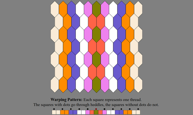 An Inkle weaving diagram and warping pattern in the color sequence listed in the text description: The warping pattern is a line of colored boxes with small dots above every other one, above which it states: "Warping Pattern: Each square represents one thread. The squares with dots go through heddles, the squares without dots do not." The weaving diagram is a series of tessellated lozenge shaped tiles illustrating how the pattern will appear when woven.
