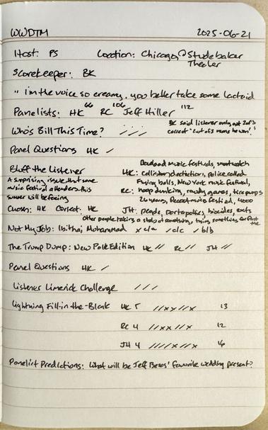 Written notes with panelist, segment and scoring information for the Wait Wait Don't Tell Me! that aired on June 21, 2025