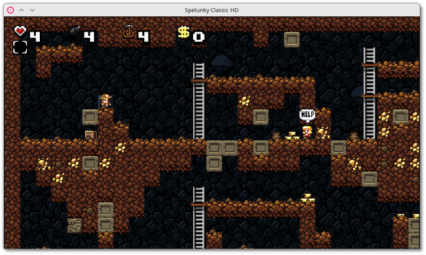 🕶️ An early-game side view of a (procedurally generated) cave showing the explorer Speelunky on a platform on the left and a woman shouting ‘Help’ on the right. Gold ores are scattered throughout the rock, and ladders are used to reach different levels. The counters are at the top left of the interface.

📚️ Spelunky Classic HD is a free, multi-platform cave exploration and treasure hunting roguelite inspired by classic platform games and roguelikes, where the aim is to collect as much treasure as possible from a (procedurally generated) cave. Players use the objects at their disposal to survive and get deeper and deeper into the cave. They must not be afraid of dying. This is an improved version of the original using Game Maker (by Derek Yu), with multi-platform support, different image formats, touch input, gamepad, in-game menu and translations. Further contributions are awaited.
