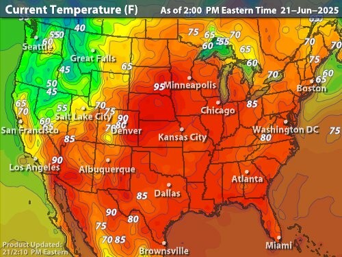 US temperature map as of Saturday afternoon. 21.6.25