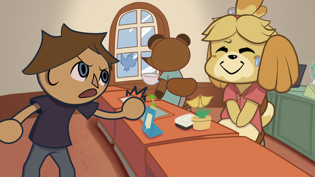 Angry guy slamming a desk, infront of an anthro dog who's nervously smiling behind the desk.