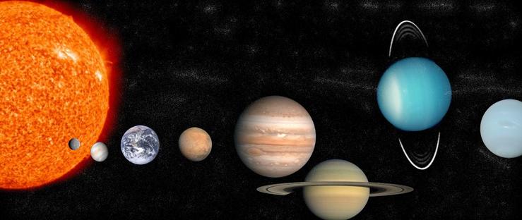 An image showing The Sun and planets of the Solar System, on a black background, from left to right.