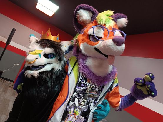 a glass-wearing maned wolf fursuiter next to a sergal wearing a crown with a square slice of cheese on the muzzle