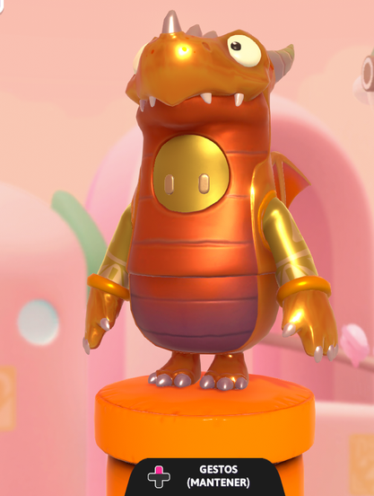 Captura de pantalla del juego de Fall Guys donde se ve al personaje como un dragón dorado encima de una plataforma naranja.