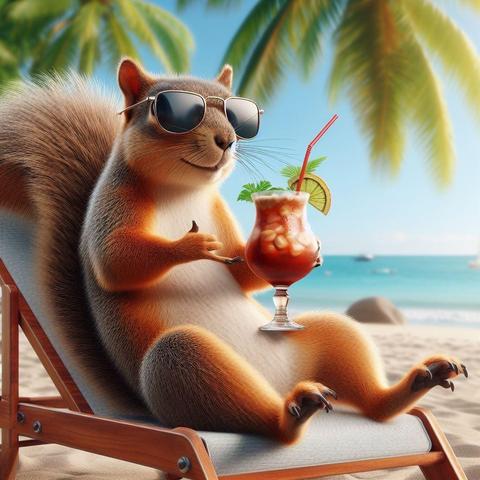 Picture a squirrel sitting in a deckchair on a sunny beach with the turquoise sea in the background. The squirrel is wearing shades & drinking a red coloured cocktail from a fancy glass.

AI generated by @PixysJourney@beige.party