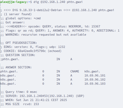Terminal output of dig @192.168.1.240 phtn.gwai, showing that phtn.gwai is a CNAME for k8s.gwai. This response indicates that the DNS server is responding, and further that it's handing out my custom DNS entries.