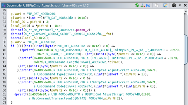 Ghidra screenshot, showing the beginning of USBPtpCmd_AdjustScript() with a bunch of debug outputs dumping the USB payload