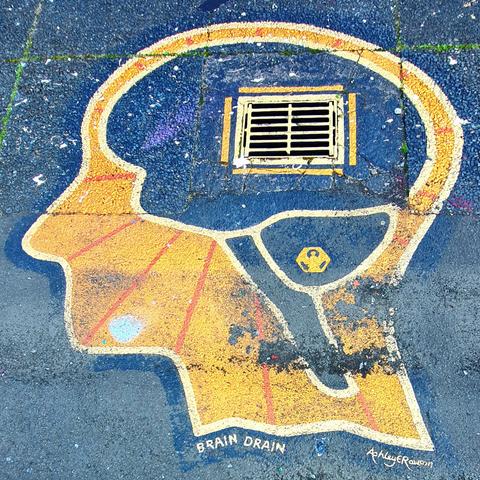 A cross section of a human head painted around a drain cover so it appears where the brain should be.