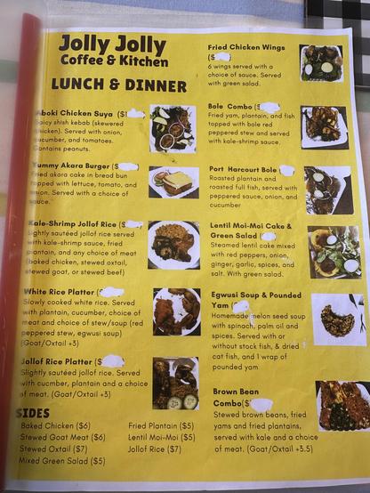 A photo of a menu from Jolly Jolly coffee & kitchen restaurant in Oakland showing a spread of various Nigerian items including jollof