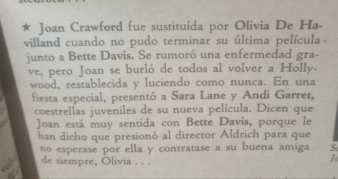 Texto de un artículo que habla sobre Joan Crawford y su sustitución por Olivia De Havilland en una película junto a Bette Davis, mencionando rumores sobre una enfermedad y una fiesta especial donde Crawford presentó a nuevas co-estrellas.