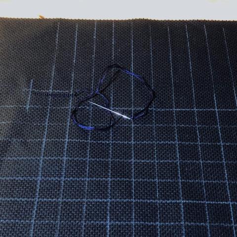 Photo of a large piece of black aida with a grid marked out in white.
In the upper left corner is a short line of stitches in a very dark blue