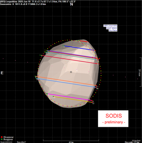Shadow profile of asteroid (389) Leopoldina measured during the stellar occultation on 2025 June 18. The chords are compared to a 3D-model from DAMIT.