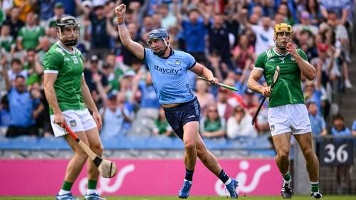 Dublin hurler celebrating beside 2 Limerick players. Credit RTE.ie