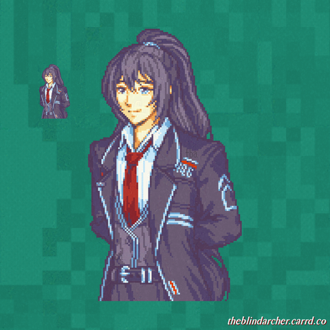 A 16 bit pixel art half-body portrait of a fair skinned man with long black hair tied back in a messy ponytail.  He wears a uniform consisting of a black leather long-coat with white trim over a matching waistcoat, and a white button-up shirt with a red tie.  A decal reading "No. 6" is on his chest.  He is posed slouching forward with his arms behind his back.  The art is of the character Hong Lu from the game Limbus Company.