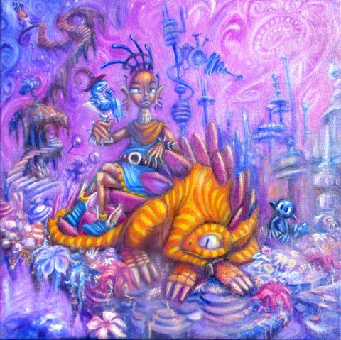 an eccentric person sits on a stegosaurus type dinosaur while holding an alcoholic beverage glass but which contains a small lizard wearing a stereotyped witch hat.  this is occurring in an area covered with bluish and reddish vegetation in front of a pinkish colored sky and tall futuristic structures with an unclear purpose