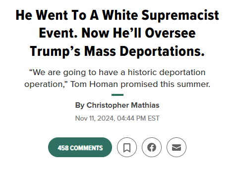 He Went To A White Supremacist Event. Now He'll Oversee Trump's Mass Deportations.
"We are going to have a historic deportation operation," Tom Homan promised this summer.
By Christopher Mathias
Nov 11, 2024, 04:44 PM EST