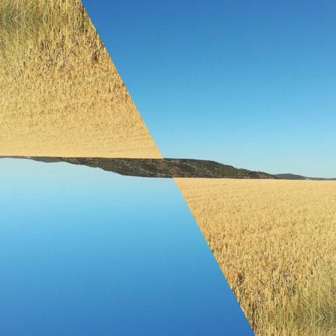 A symmetrical view of a wheat field and blue sky