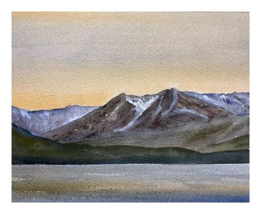 Painting of Little Atlin Lake, Yukon, Canada, at evening.