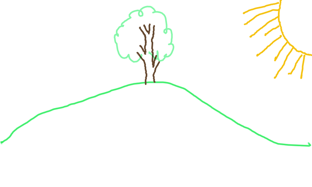 Simple drawing of a tree on a hill, with the sun in the upper right-hand corner. Pretty much the same scene I drew in 2nd grade.