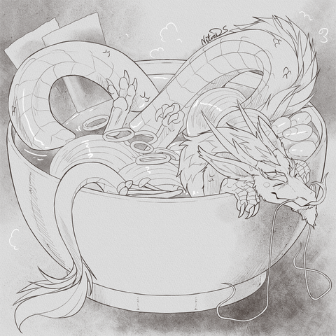 Eastern Noodle Dragon resting in a bowl of noodle soup. blissful and delicious. please do not eat.