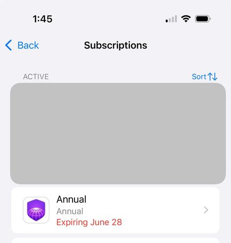 Screenshot of the "Subscriptions" page on an iPhone. Below, under the "Active" section, a subscription is listed with a purple app icon for Psylo featuring a globe. The subscription is labeled "Annual," instead of the app name.
