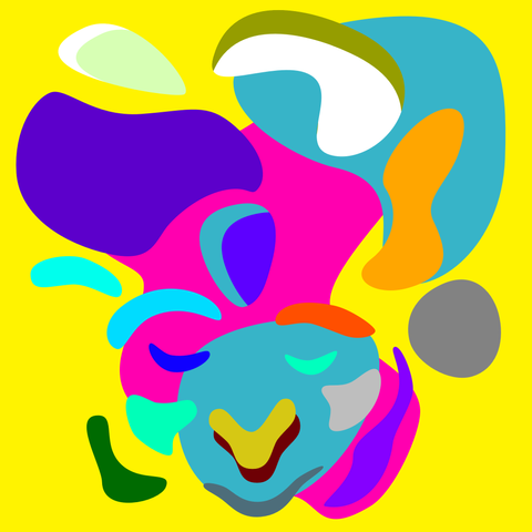 Deconstructed selfportrait in bold colors and soft blobby shapes. The colors are vibrating yellow, purple, magenta, orange, blue and green with a side of grey.