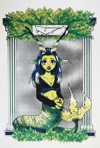 four color screenprint representing capricorn of the western zodiac. the figure is framed by pillars and leaves; above them is a plaque showing the constellation for capricorn. they have mid-length blue hair and twisting horns. they are also wearing a low cut crop top and have a green mermaid tail