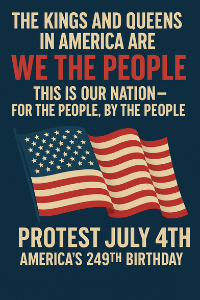 Protest poster with a dark blue background and bold cream and red text. It reads: 'The kings and queens in America are We the People. This is our nation — for the people, by the people. Protest July 4th. America’s 249th Birthday.' A stylized American flag waves near the bottom of the design, symbolizing unity and democratic power.