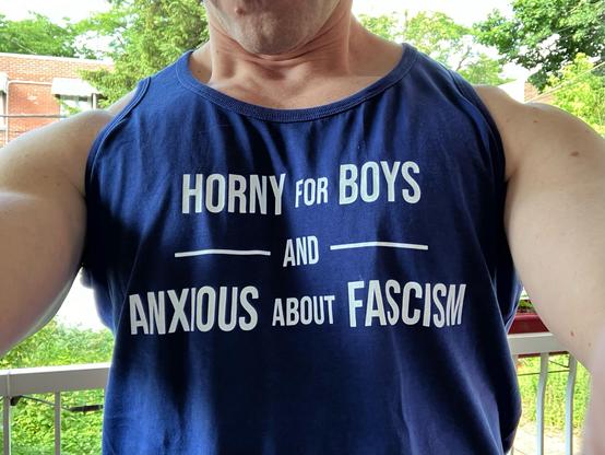 A tank that says "Horny for boys and anxious about fascism"
