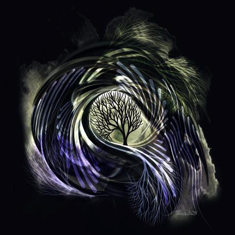 watercolour; a large swirl of pale green and purple surroundsa small opening with the silhouette of an old tree, the outer edges are fuzzy and blurred, bright reflections can be seen around the circle.