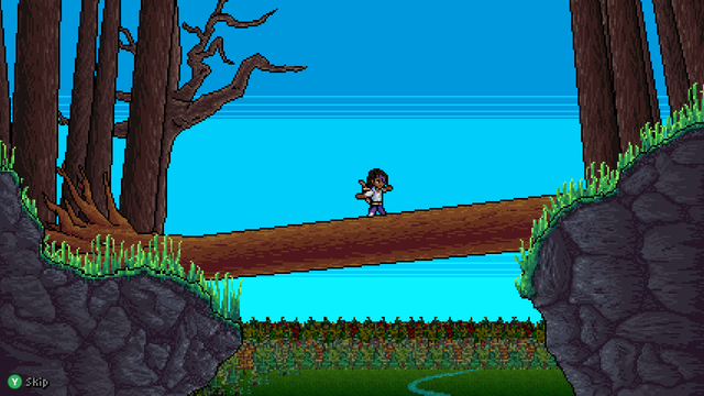 Zalia walks, tightrope-style, on a fallen tree which acts as a bridge between two grass-covered rocky cliffs. Bare-limbed trees line both cliffs. We're very, very high up, as the trees below appear quite small.