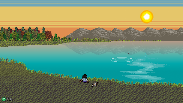 A bit more of a serene scene. Zalia, her back to us, sits in the grass at the shore of a lake. Her sword and shield sit in the grass near her. The lake surface is as flat and calm as a mill pond. The sun is low in the sky, probably setting. The mountains in the background reflect off the lake's surface, and the low-hanging sun shimmers on the water.