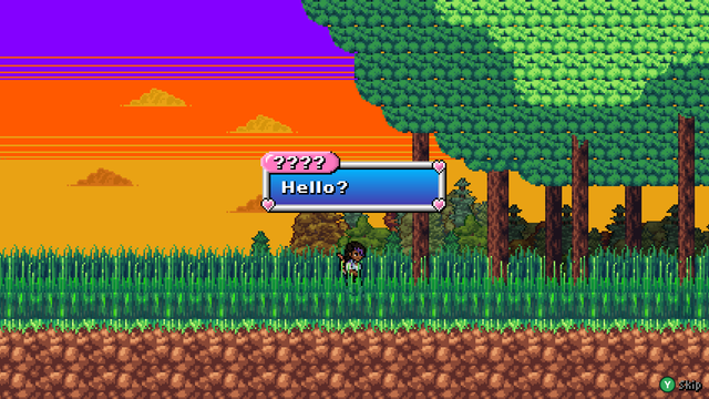 A side-scrolling scene more typical of the gameplay. Zalia stands in some tall grass near the entrance of a forest. The scene is at sunset, as the sky is filled with brilliant gold, orange, and purple colors, with orange and gold-colored clouds. She's standing still, looking into the woods, and calling out: "Hello?"