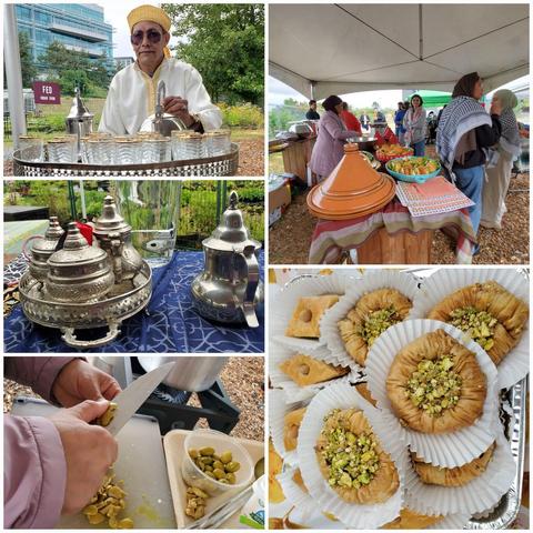 Collage composed of 4 quadrants; top left: a Moroccan man wearing a headdress pouring from a silver teapot into glasses. Background: modern glass building. Top right: outdoor market stall with people standing at a buffet under a white canopy. Mid-ground: tagine and food. Bottom left: close-up of hands cutting olives on a white cutting board. Bottom right: overhead shot of several baklava pastries in white paper cups. The colors of the image are warm and inviting.