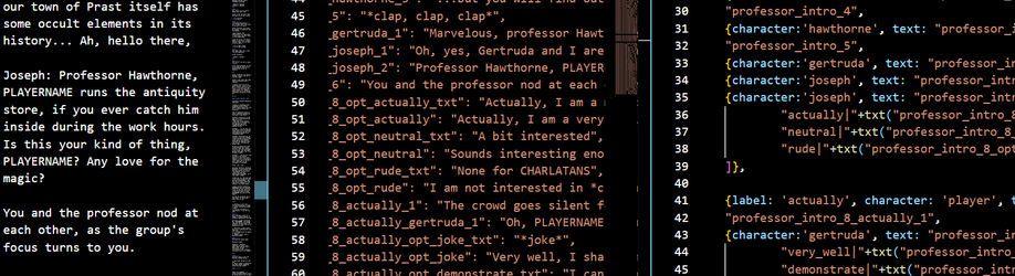IDE with three panels open side-by-side. On the left is the plain text story draft, in the middle is english translation file, and on the right is the story flow scripted in JavaScript.