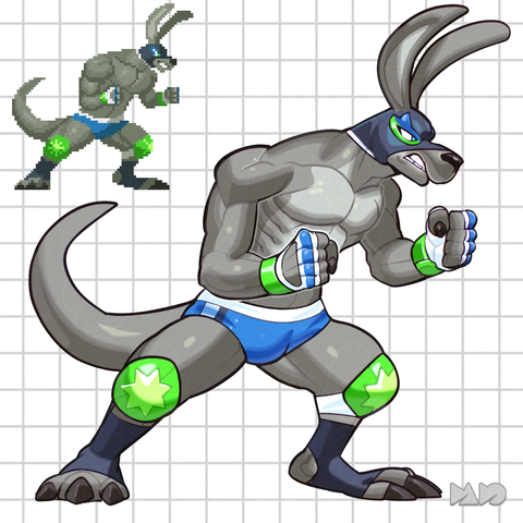 A kangaroo luchador, wearing a mask, gloves, trunks, and kneepads, with a smaller pixel version of the character in the top left corner.