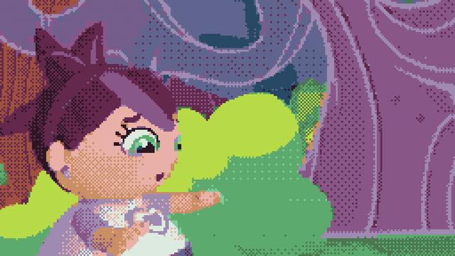 Willow, a girl with no legs on a nature hike with her friends, catches her balance to avoid wobbling into a mud puddle.

Still from Weebles episode "Two Lefts Make It Right" (2016) with Color Cell Compression. Dithering is noticeable.