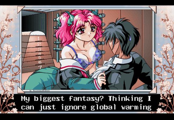 Scene from the game Season of the Sakura showing a girl approaching a guy and saying "My biggest fantasy? Thinking I can just ignore global warming"