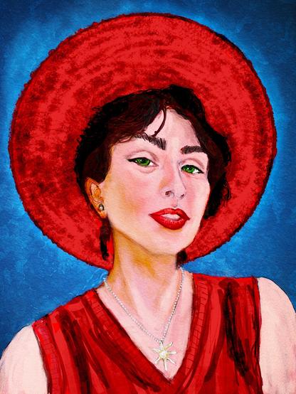 A portrait of a young woman wearing a red hat and sleeveless red top. Silver jewelry. Blue background