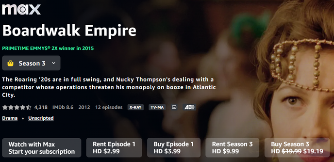 Boardwalk Empire on sale... barely.

Plus, Amazon's metadata is wrong.  Again.  It's a scrirpted show.