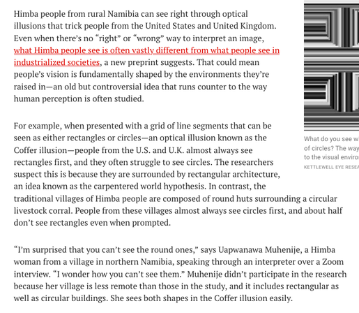 Himba people from rural Namibia can see right through optical illusions that trick people from the US & UK. Even when there’s no “right” or “wrong” way to interpret an image, what Himba people see is often vastly different from what people see in industrialized societies, a new preprint suggests. That could mean people’s vision is fundamentally shaped by the environments they’re raised in—an old but controversial idea that runs counter to the way human perception is often studied.

For example, when presented with a grid of line segments that can be seen as either rectangles or circles—an optical illusion known as the Coffer illusion—people from the U.S. and U.K. almost always see rectangles first, and they often struggle to see circles. The researchers suspect this is bc they are surrounded by rectangular architecture, an idea known as the carpentered world hypothesis. In contrast, the traditional villages of Himba people are composed of round huts surrounding a circular livestock corral. People from these villages almost always see circles first, & about half don’t see rectangles even when prompted.

“I’m surprised that you can’t see the round ones,” says Uapwanawa Muhenije, a Himba woman from northern Namibia, (through interpreter on Zoom). “I wonder how you can’t see them.” Muhenije didn’t participate in the research because her village is less remote than those in the study, & it includes rectangular as well as circular buildings. She sees both shapes easily.