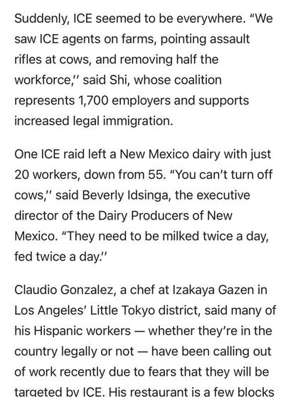 An excerpt discusses the impact of ICE raids on agricultural and restaurant operations, highlighting labor shortages in a New Mexico dairy and the fears of workers in Los Angeles' Little Tokyo. It quotes industry leaders expressing concern about the implications for food production and workforce stability.