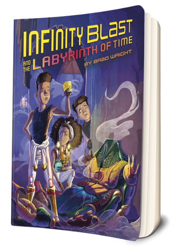 The cover of Infinity Blast and the Labyrinth of Time. Infinity, Twilight, and Gabe stand in an underground tunnel. They have just discovered a mysterious suit of armor.