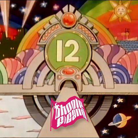 A colorful, fanciful frame from the Sesame Street Pinball Countdown animation series centers the number 12 in an ornate marquee evoking a backbox display on a pinball machine. The animation segments were originally produced in 1976 by Imagination, Inc. in San Francisco, California for the Children's Television Workshop. The background features vivid rainbow colors, a cheerful sun with a face, cloudy sky and planets in space, and waves with ships. The Phoole and the Gang fuchsia flag logo floats at the bottom center.
