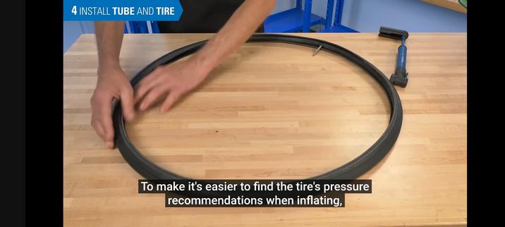 Screenshot from a park tool video. "to make it easier to find teh tyre's pressure recommendations when inflating,"