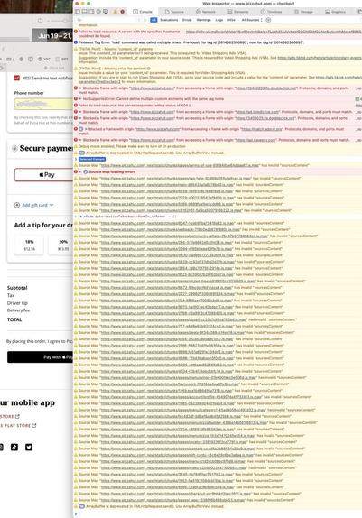 Web Inspector showing huge # of javascript errors from Pizza Hut payment page