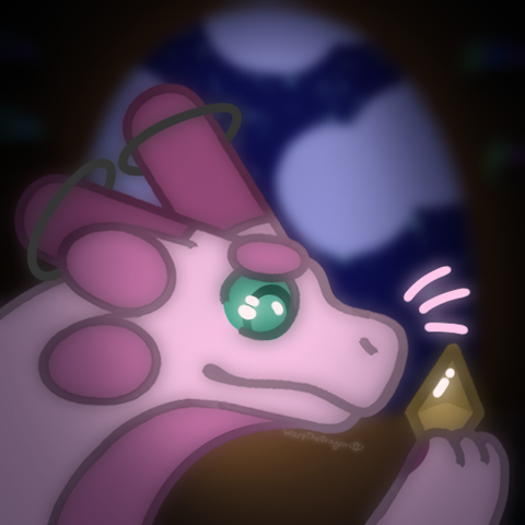 a drawing of a pink dragon examining a golden crystal in their laboratory